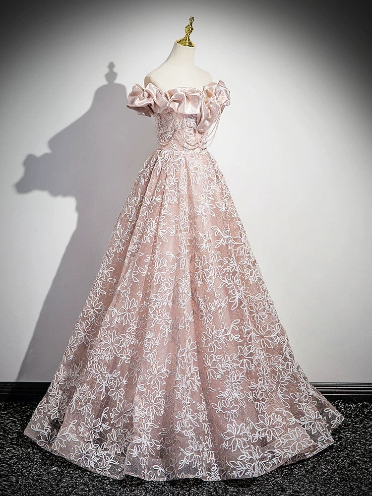 A-Line Off Shoulder Tulle Lace Pink Long Prom Dress, Pink Long Evening Dress