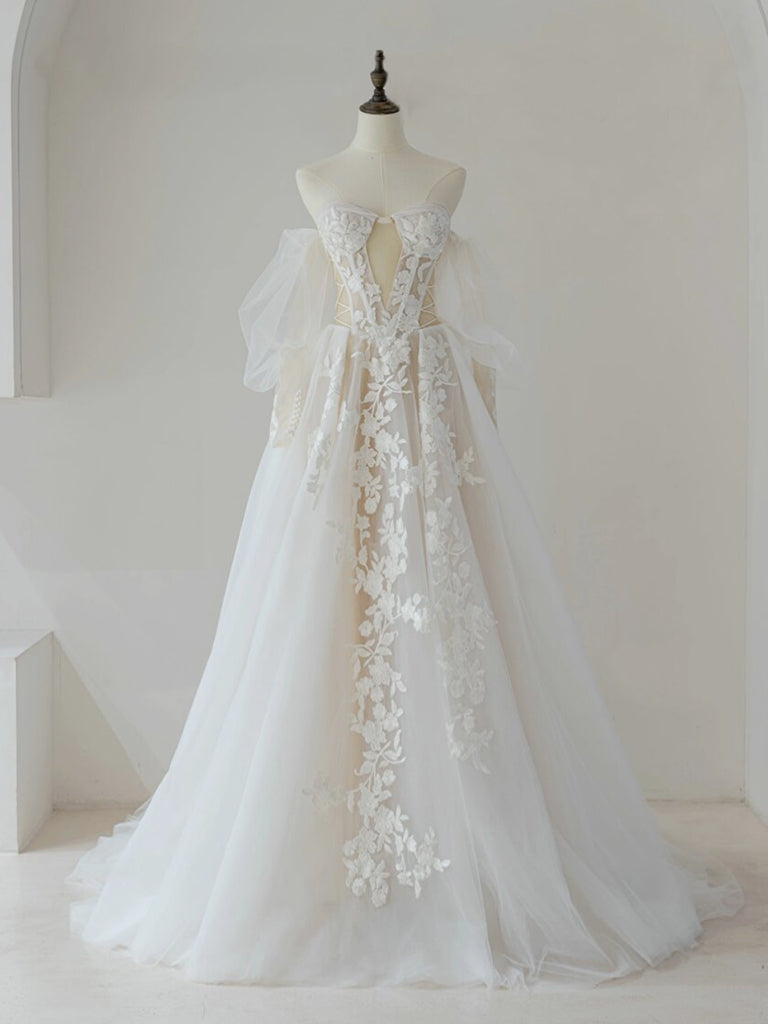 Light Champagne A-Line Lace Tulle Long Prom Dress, Lace Tulle Formal Dress