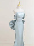 Simple Off Shoulder Satin Blue Long Prom Dress, Blue Long Formal Dress