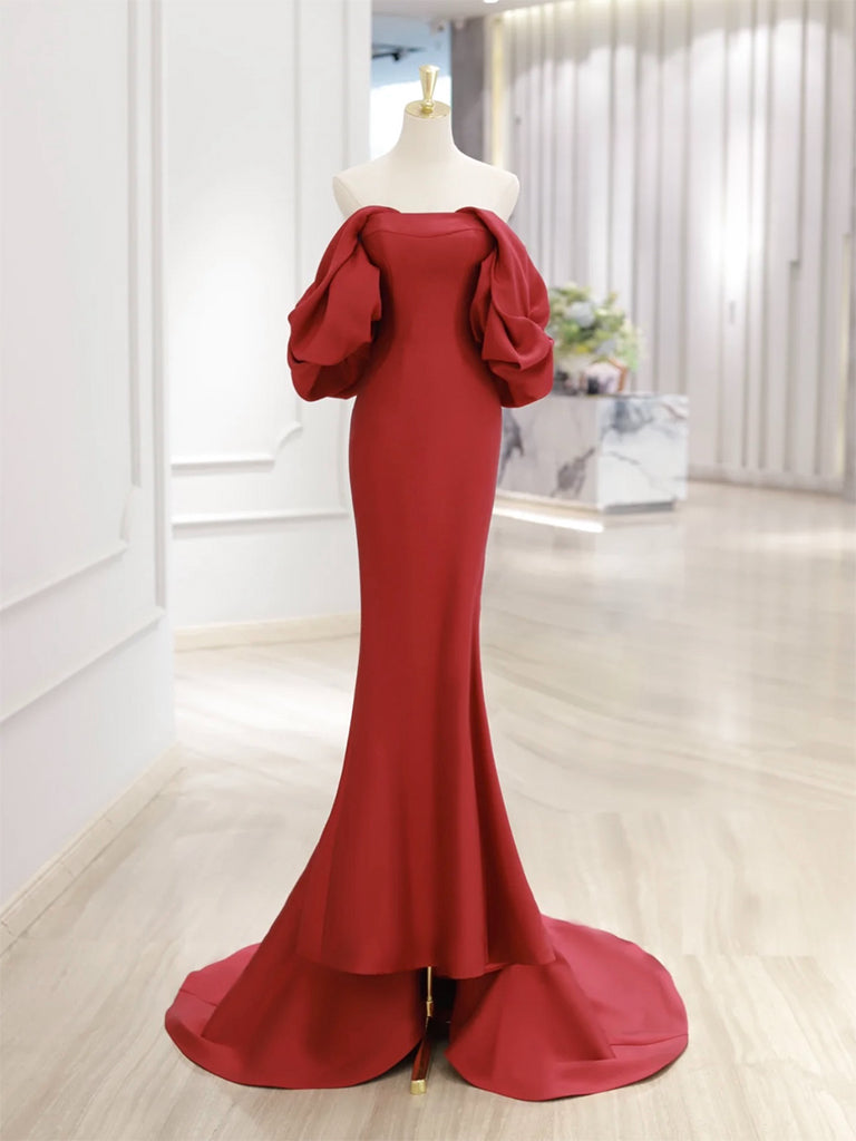 Simple Off Shoulder Satin Dark Red Mermaid Long Prom Dress