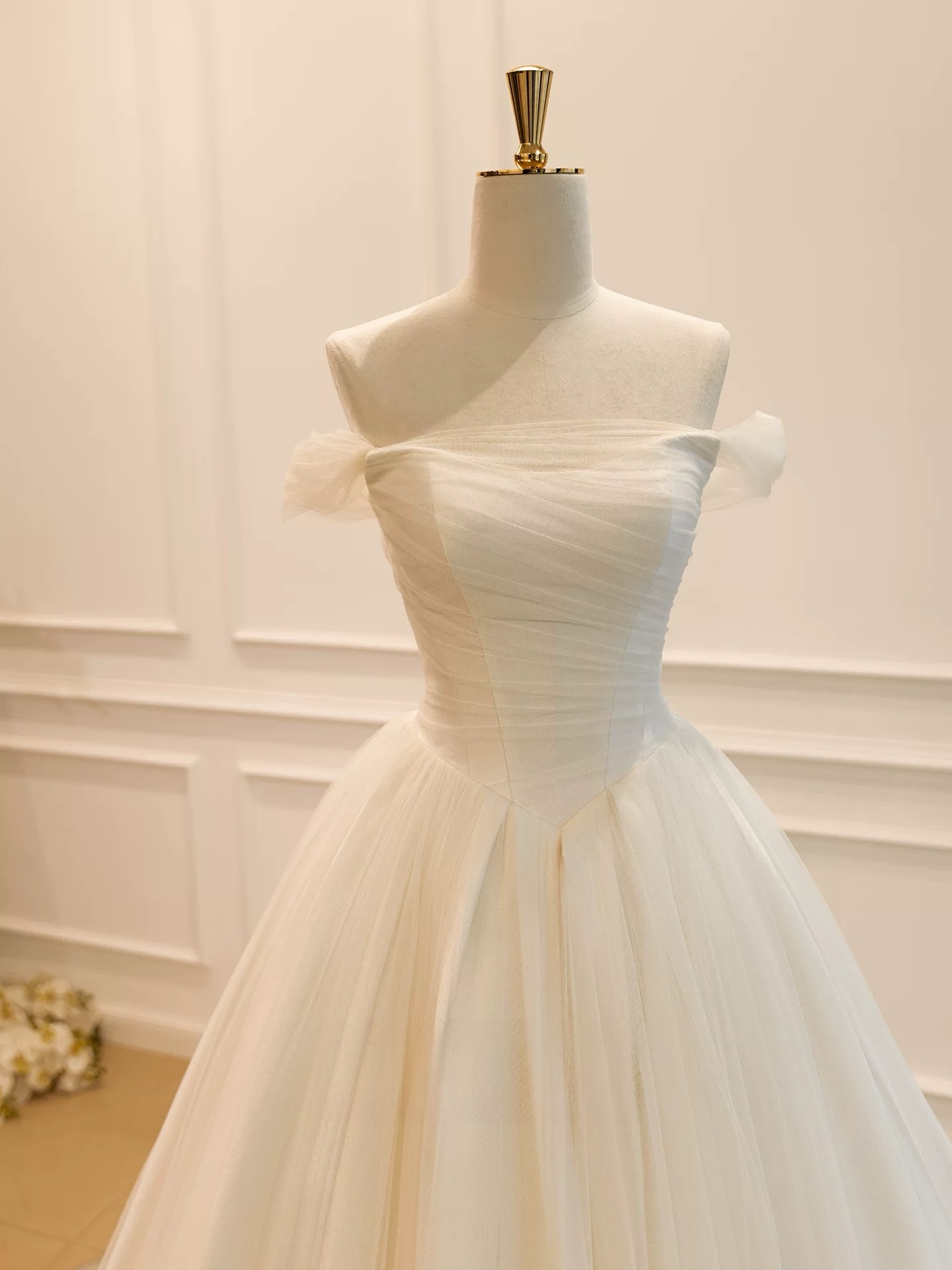 A-Line Off Shoulder Tulle Light Champagne Long Prom Dress, Light Champagne Long Formal Dress