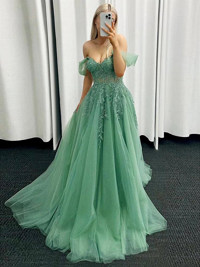 A-Line Off Shoulder Tulle Lace Green Long Prom Dress, Green Long Forma dresstby A-Line Off Shoulder Tulle Lace Green Long Prom Dress, Green Long Forma dresstby