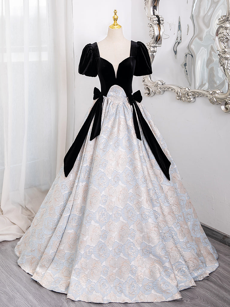 A-Line Short sleeve Satin Velvet Long Prom Dress, Black Long Formal Dr dresstby A-Line Short sleeve Satin Velvet Long Prom Dress, Black Long Formal Dr dresstby