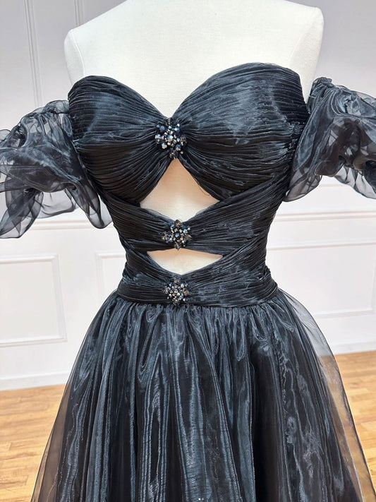 Black A-Line Organza Long Prom Dress, Black Formal Evening Dress