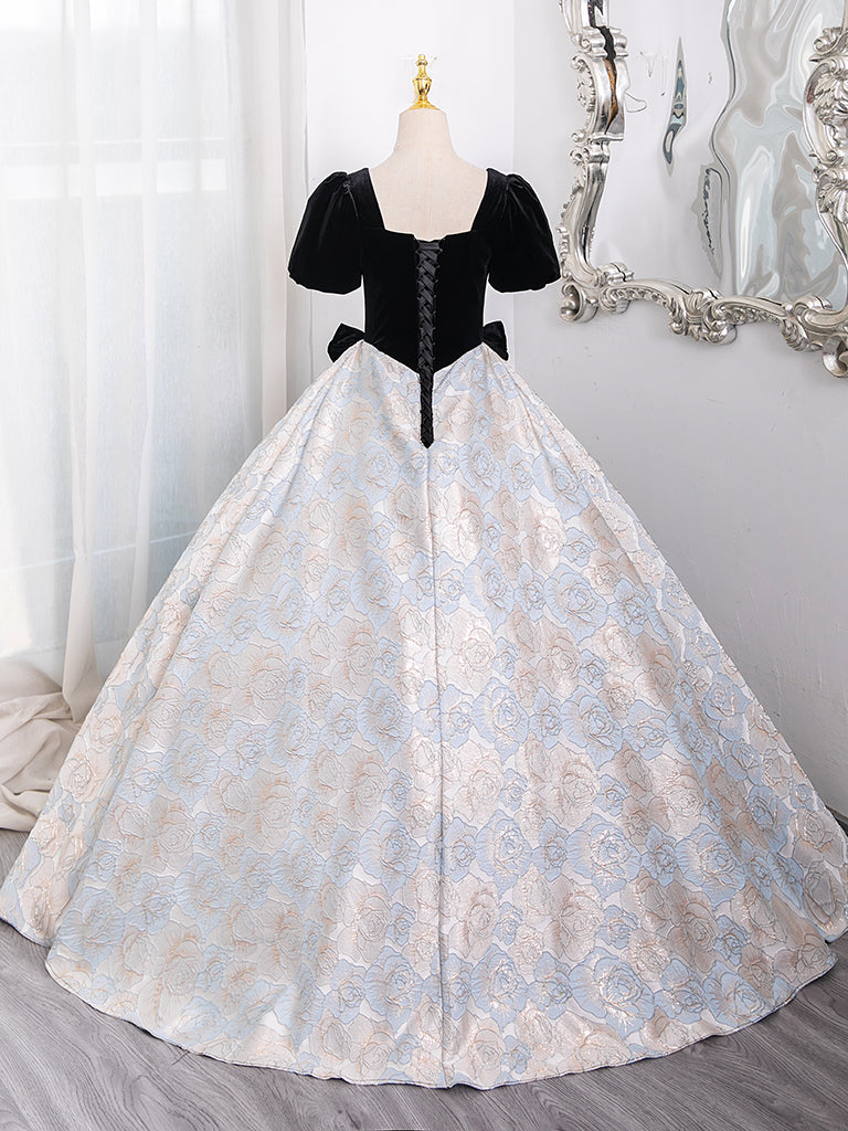 A-Line Short sleeve Satin Velvet Long Prom Dress, Black Long Formal Dress