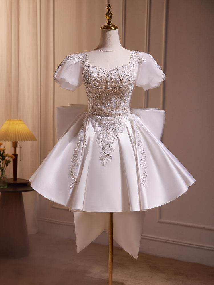 A-Line Puff Sleeves Satin White Short Prom Dress, White Cocktail Dress dresstby A-Line Puff Sleeves Satin White Short Prom Dress, White Cocktail Dress dresstby