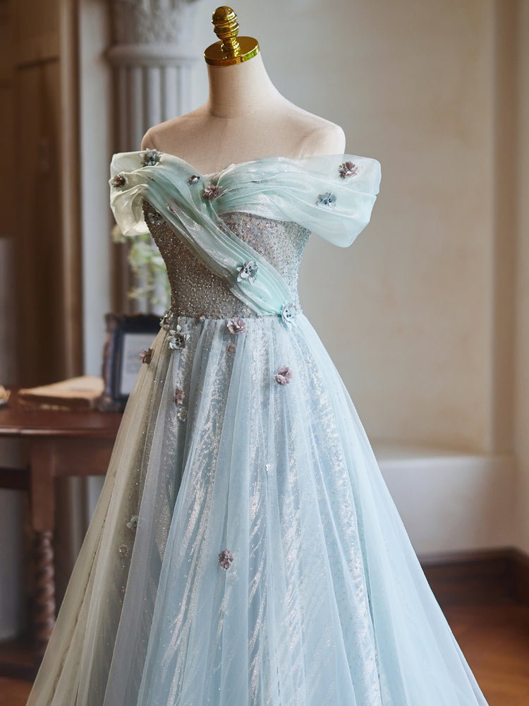 A-Line Off Shoulder Tulle Lace Green Long Prom Dress, Green Long Formal Dress