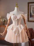 A-Line Off Shoulder Tulle Lace Champagne Pink Short Prom Dress, Champagne Homecoming Dress