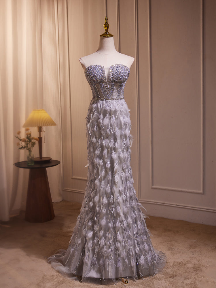 Unique Sweetheart Neck Mermaid Gray Long Prom Dress with Beads – dresstby