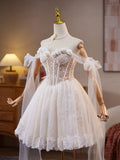 A-Line Off Shoulder Tulle Lace Light Champagne Short Prom Dress, Light Champagne Homecoming Dress