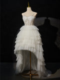 White Sweetheart Neck High Low Prom Dress, Lace Tulle White Graduation Dress