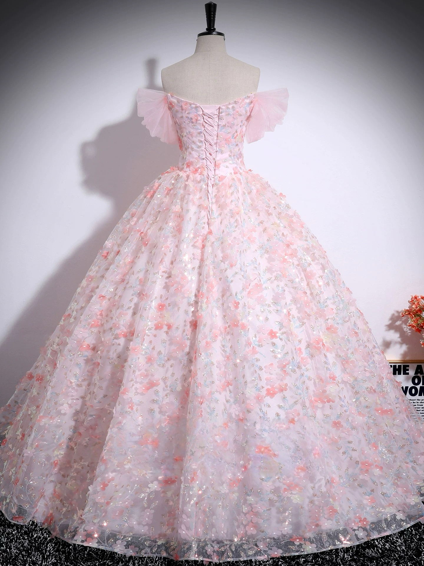 A-Line Off Shoulder Tulle Lace Pink Long Prom Dress, Pink Long Evening Dress