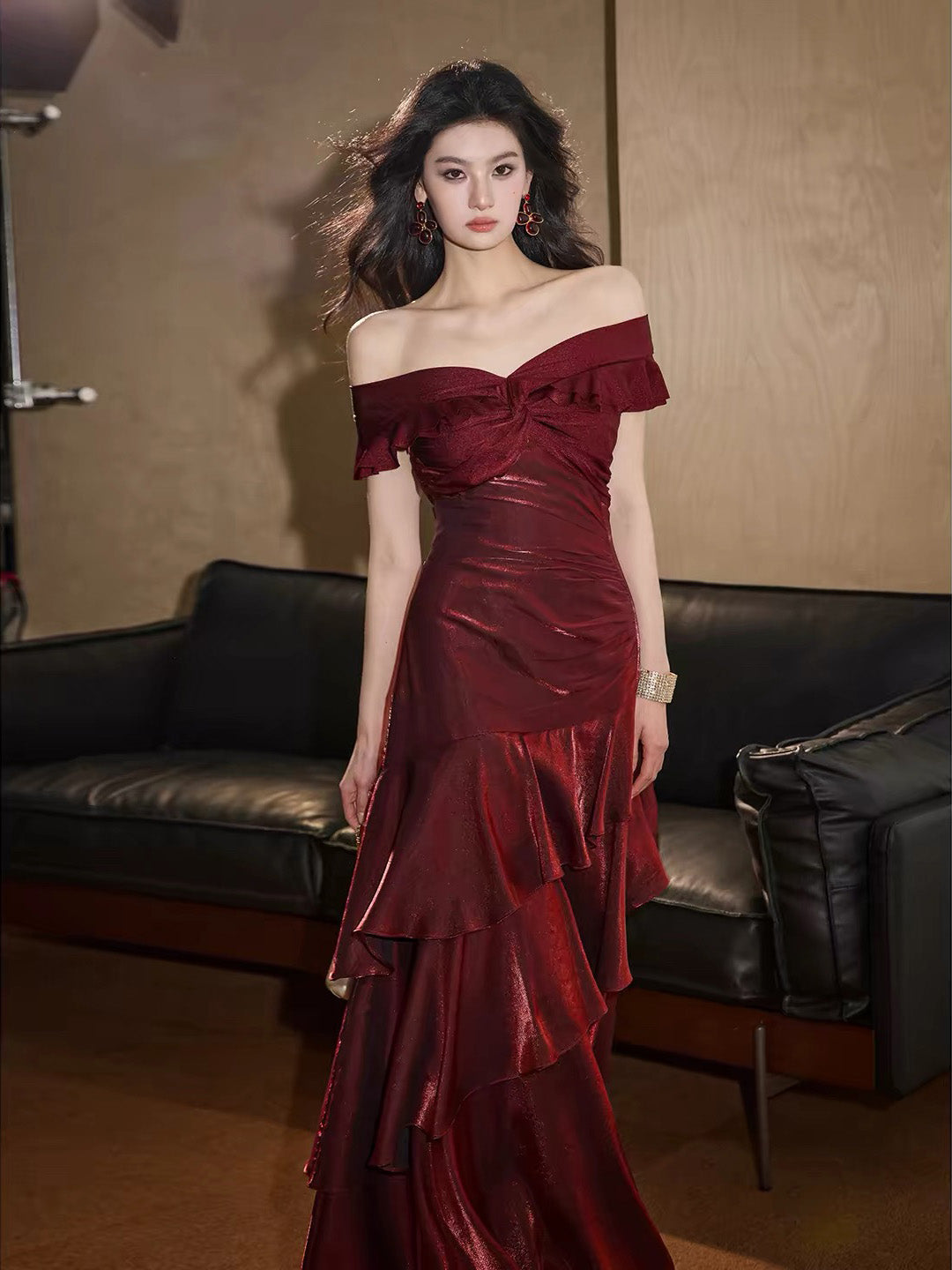 A-Line V Neck off Shoulder Silk Ruffles Black Prom Dress