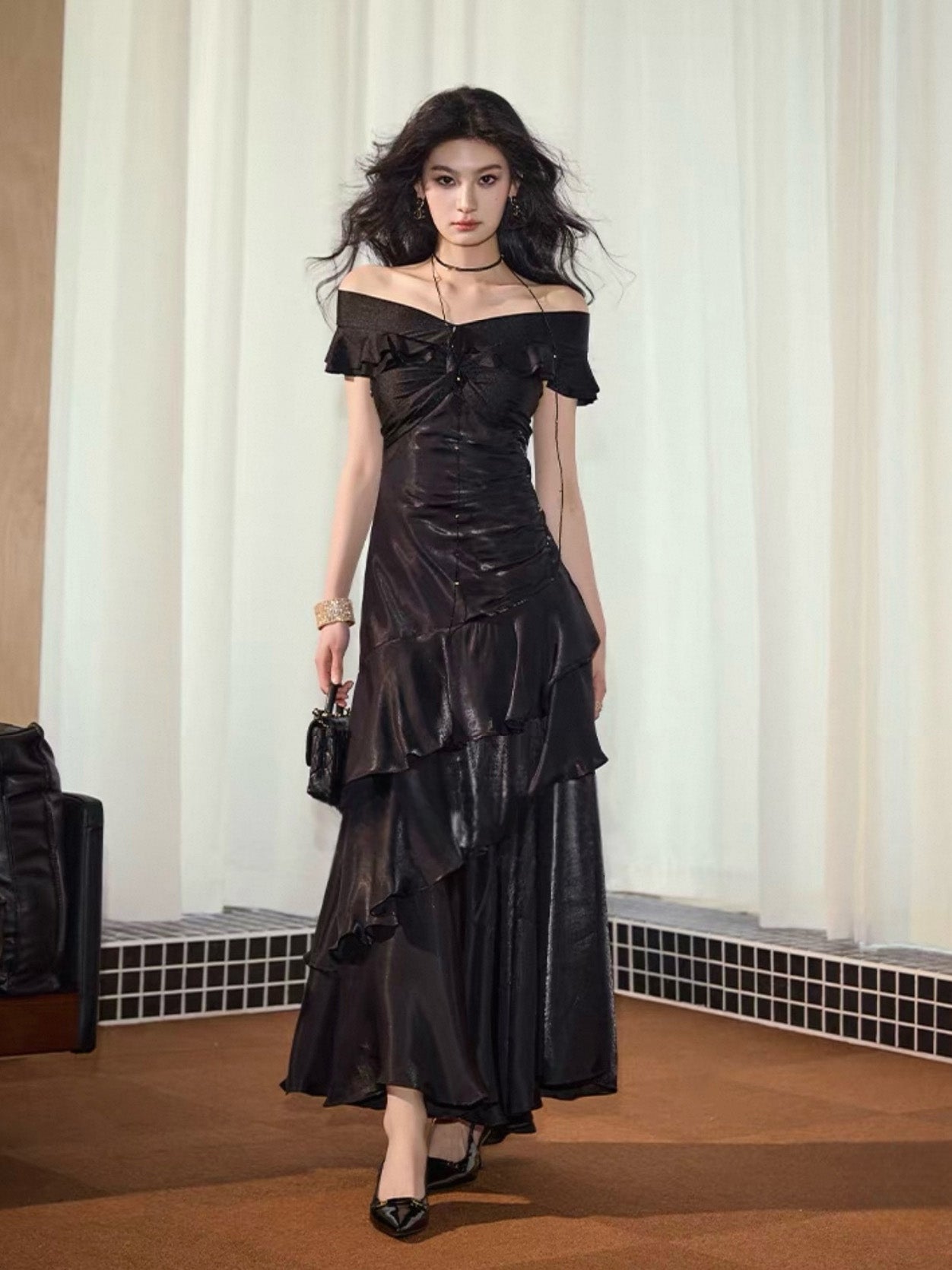 A-Line V Neck off Shoulder Silk Ruffles Black Prom Dress
