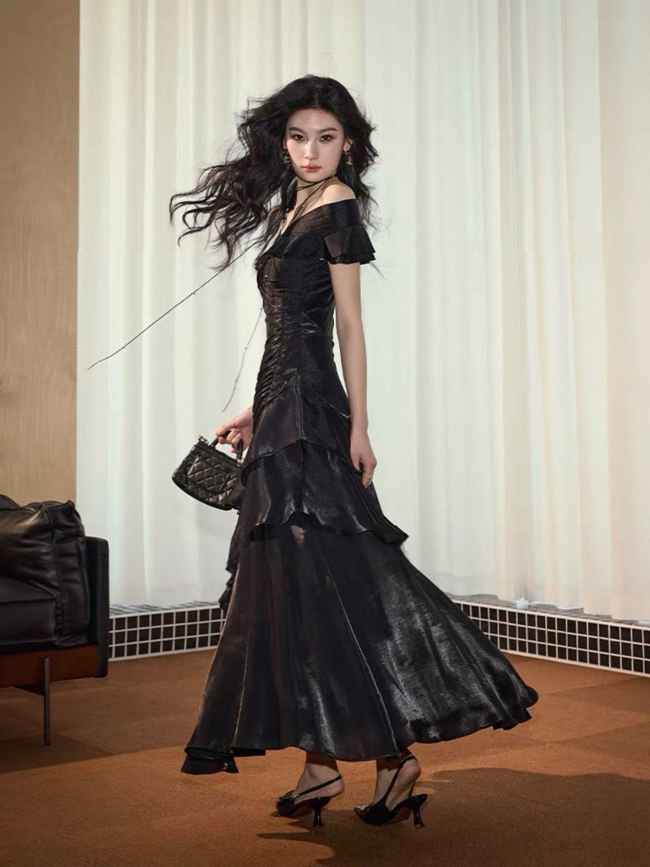 A-Line V Neck off Shoulder Silk Ruffles Black Prom Dress