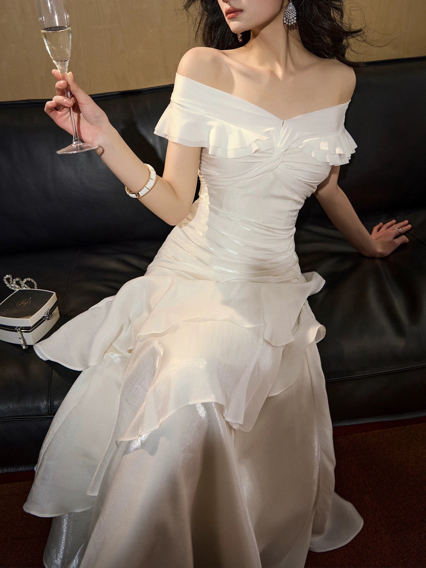 A-Line V Neck off Shoulder Silk Ruffles Black Prom Dress