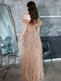 A-Line Off Shoulder Champagne Long Prom Dress, Champagne Formal Dress