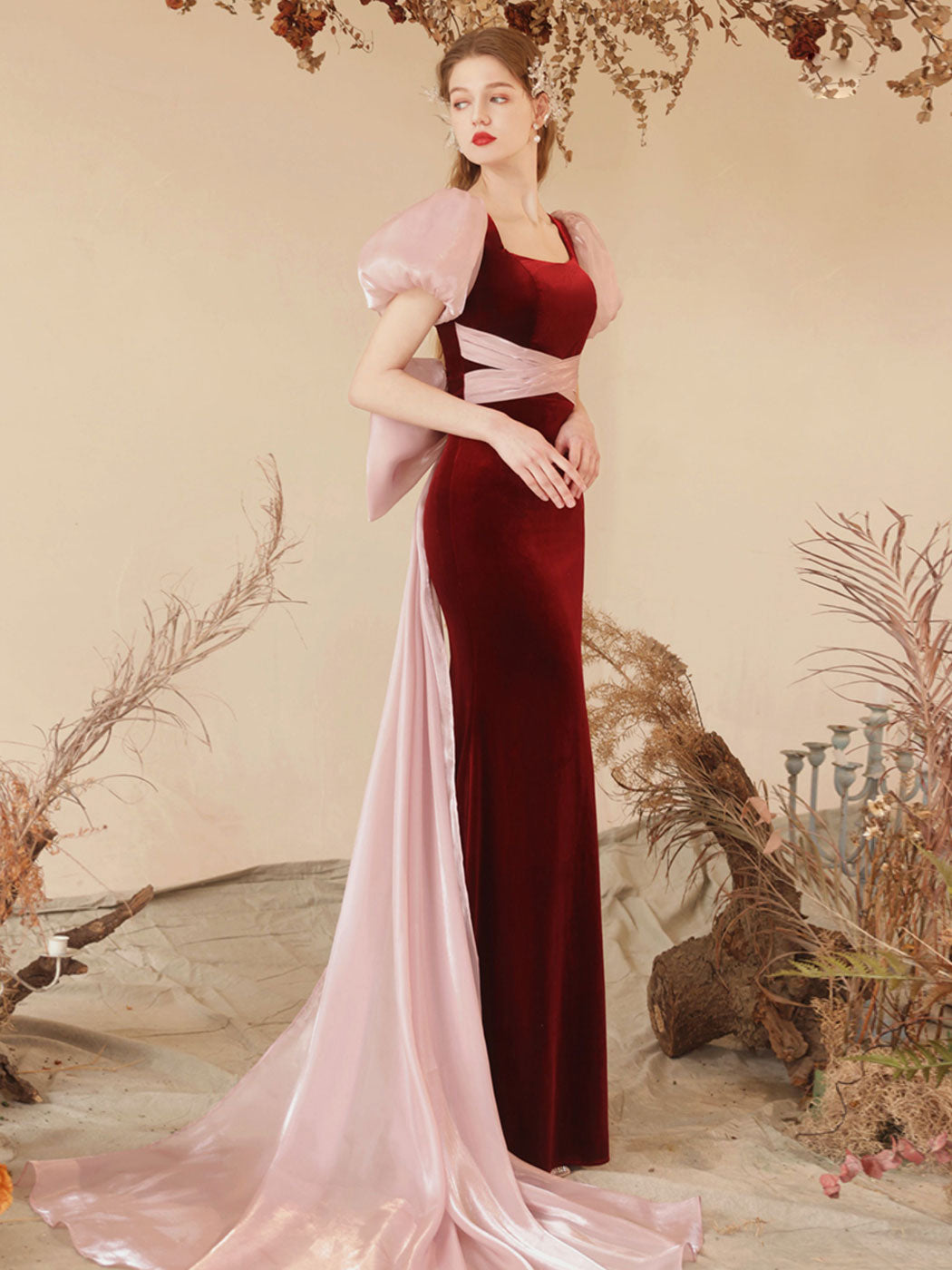Burgundy Mermaid Velvet Long Prom Dress, Burgundy Formal Dresses