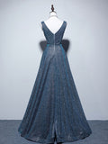 A-Line V Neck Satin Blue Long Prom Dress, Blue Formal Dresses