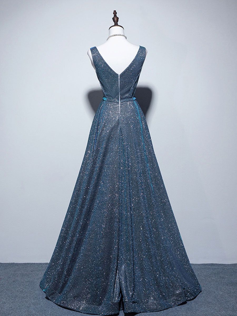 A-Line V Neck Satin Blue Long Prom Dress, Blue Formal Dresses