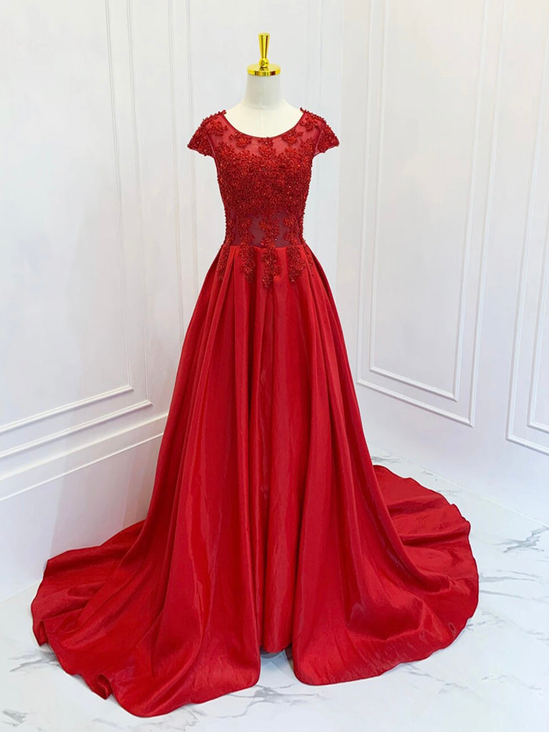 A-Line Scoop Neckline Satin Lace Burgundy Long Prom Dress, Burgundy La dresstby A-Line Scoop Neckline Satin Lace Burgundy Long Prom Dress, Burgundy La dresstby