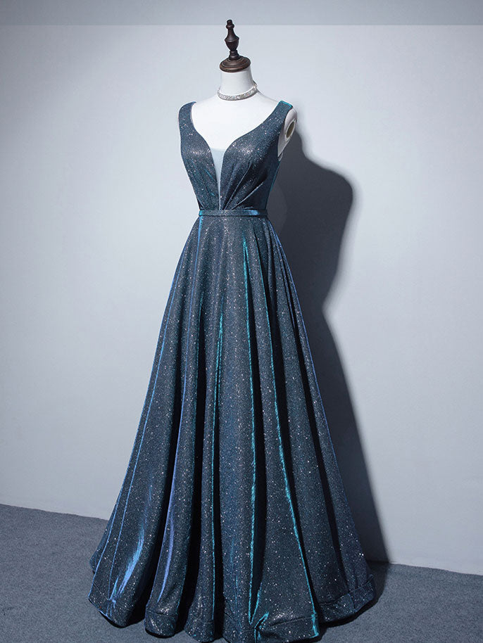 A-Line V Neck Satin Blue Long Prom Dress, Blue Formal Dresses