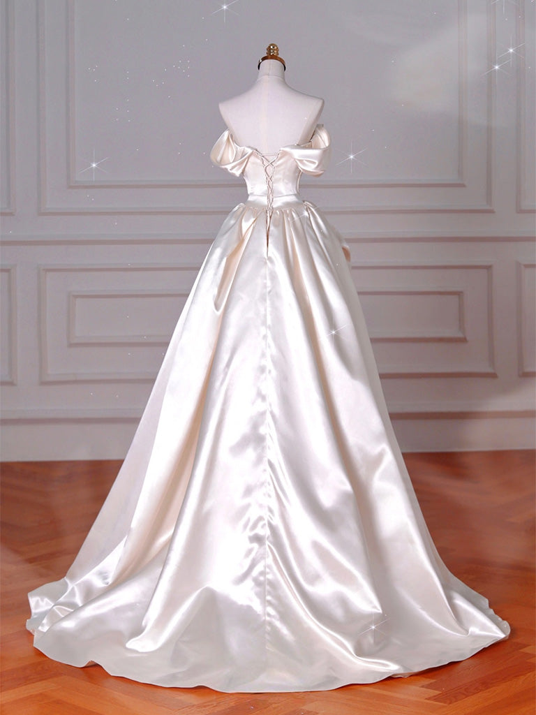A-Line Off Shoulder Beige Long Prom Dress, Beige Long Evening Dress