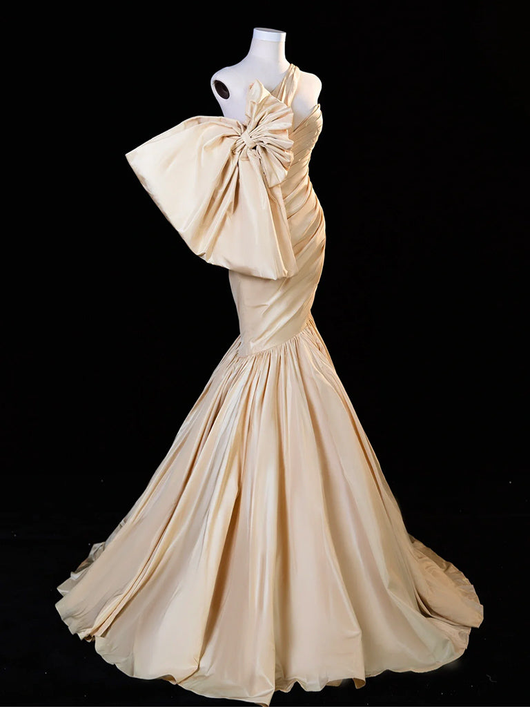 Mermaid Satin Champagne Long Prom Dress, Champagne Long Formal Dress