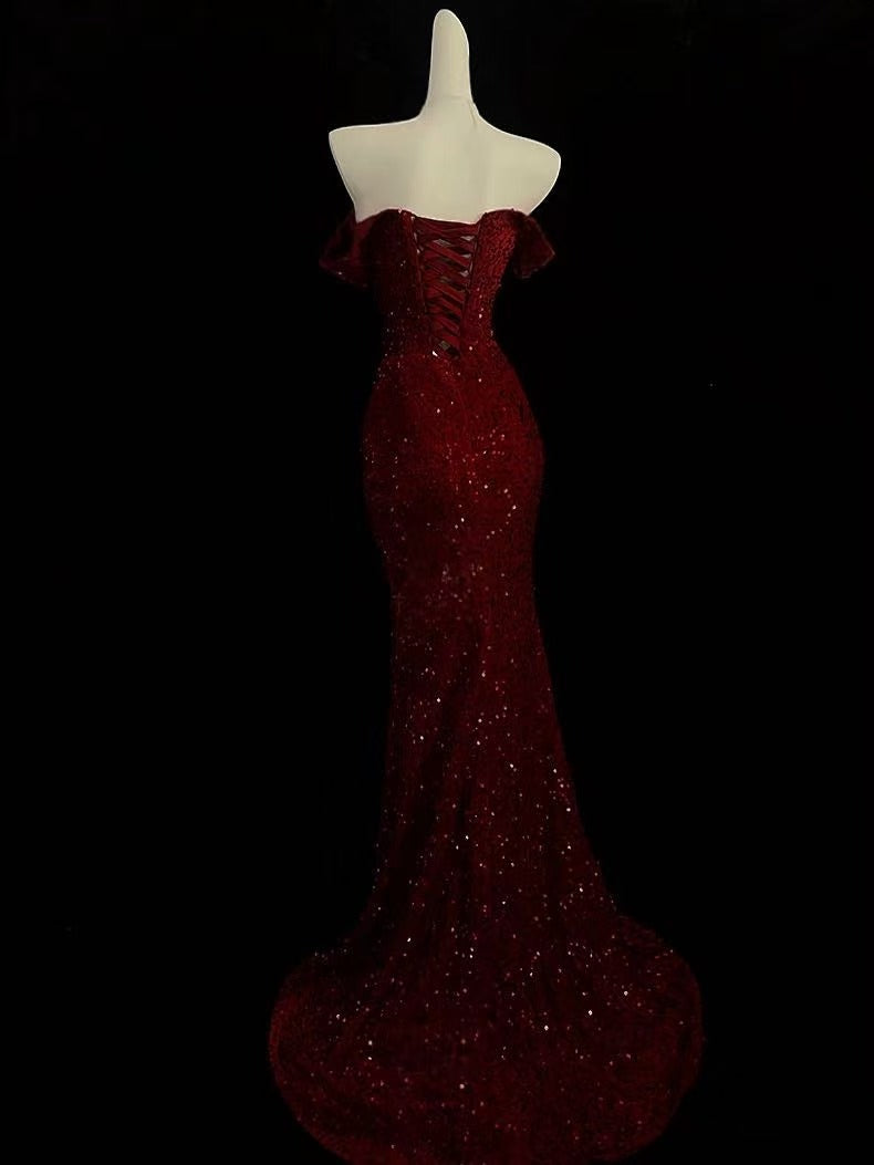 Mermaid Sweetheart Off Shoulder velvet Sequin Long Prom Dress