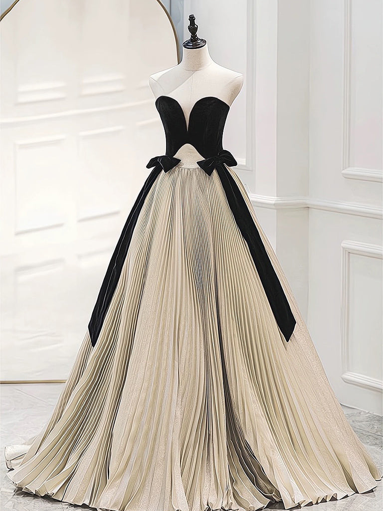 A-Line Sweetheart Neck Satin Velvet Champagne Long Prom Dress, Champag dresstby A-Line Sweetheart Neck Satin Velvet Champagne Long Prom Dress, Champag dresstby