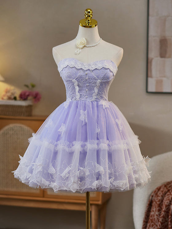 Sweetheart Neck Tulle Lace Purple Short Prom Dress, Purple Homecoming Dress