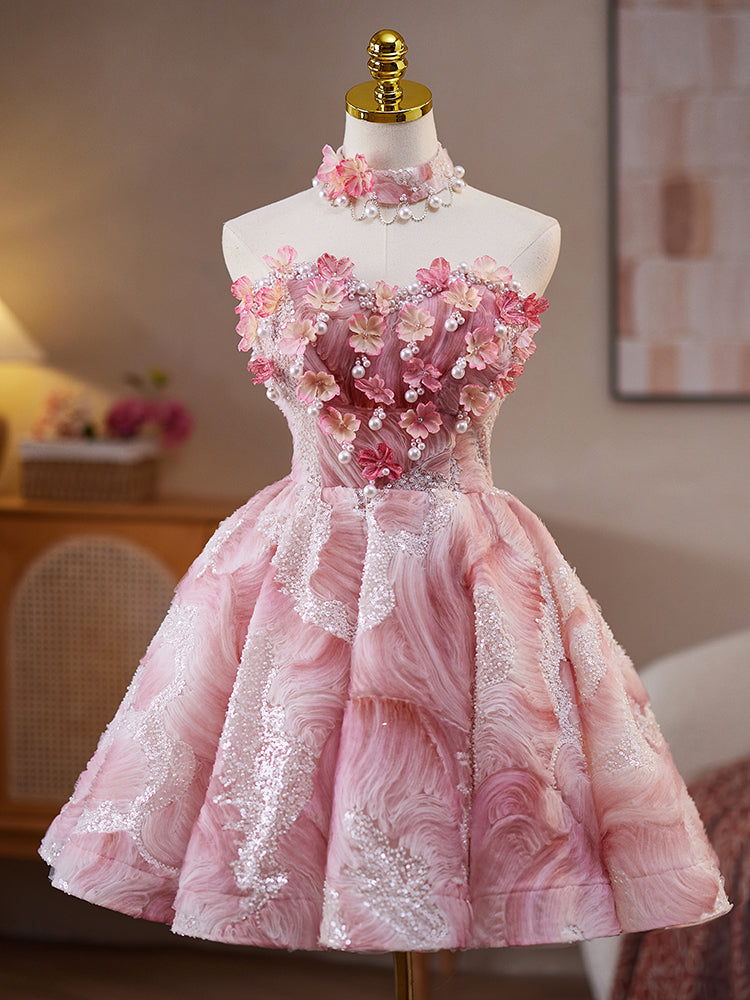 A-Line Pink Lace Flower Pink Short Prom Dress, Pink Homecoming Dress