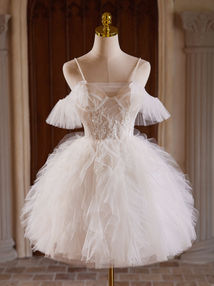 Ball Gown Tulle Lace Light Champagne Short Prom Dress with Beads dresstby Ball Gown Tulle Lace Light Champagne Short Prom Dress with Beads dresstby
