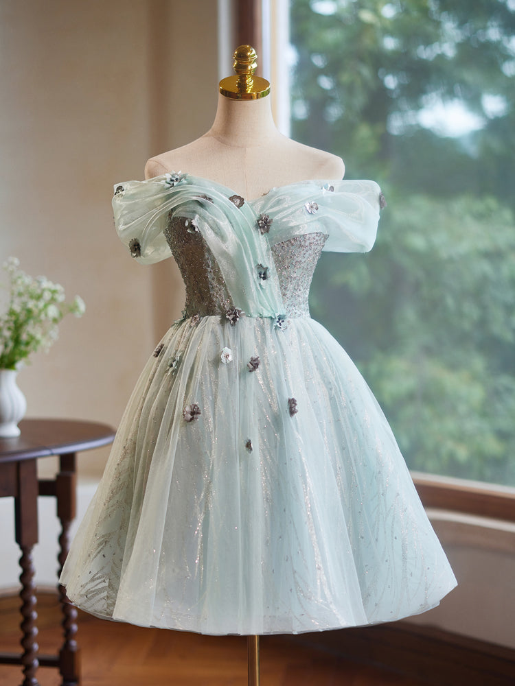 A-Line Off Shoulder Tulle Green Short Prom Dress, Green Homecoming Dre dresstby A-Line Off Shoulder Tulle Green Short Prom Dress, Green Homecoming Dre dresstby