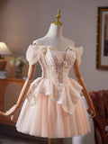 A-Line Off Shoulder Tulle Lace Champagne Pink Short Prom Dress, Champagne Homecoming Dress