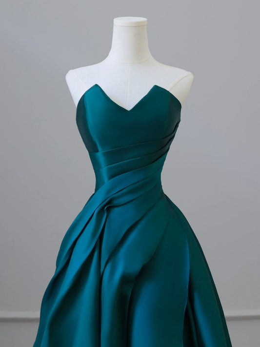 A-Line Satin Green Long Prom Dress, Green Satin Long Formal Dress