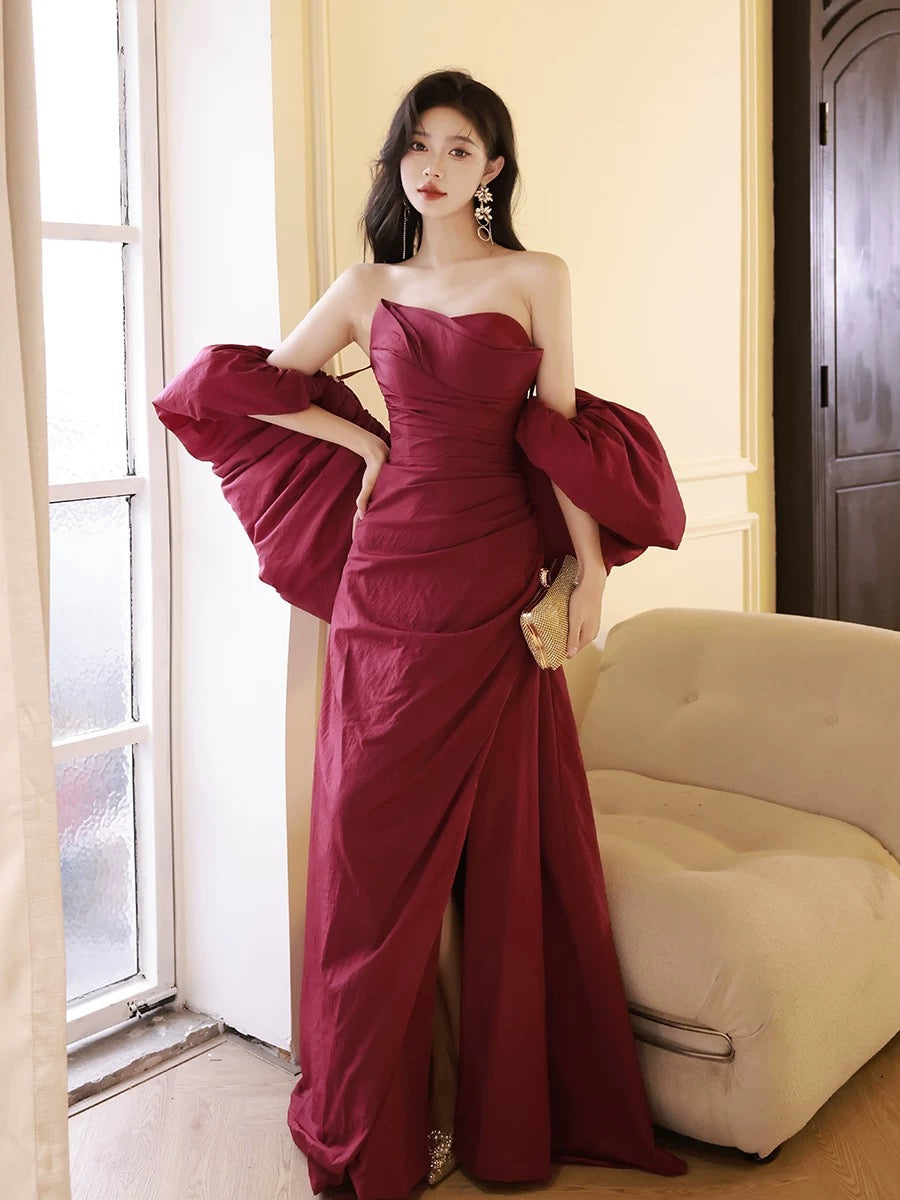 A-Line Taffeta Puff Sleeves Burgundy Long Prom Dress, Burgundy Long Formal Dress