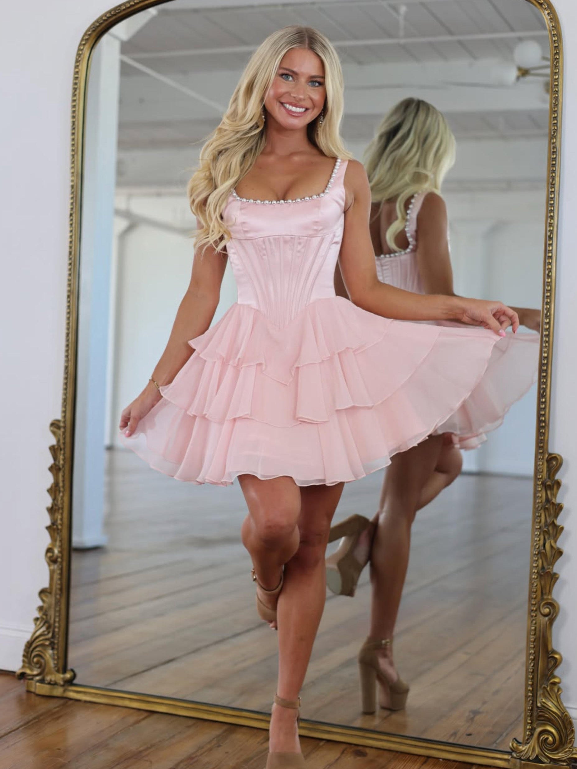 A-line Satin Chiffon Pink Short Homecoming Dress with Beads