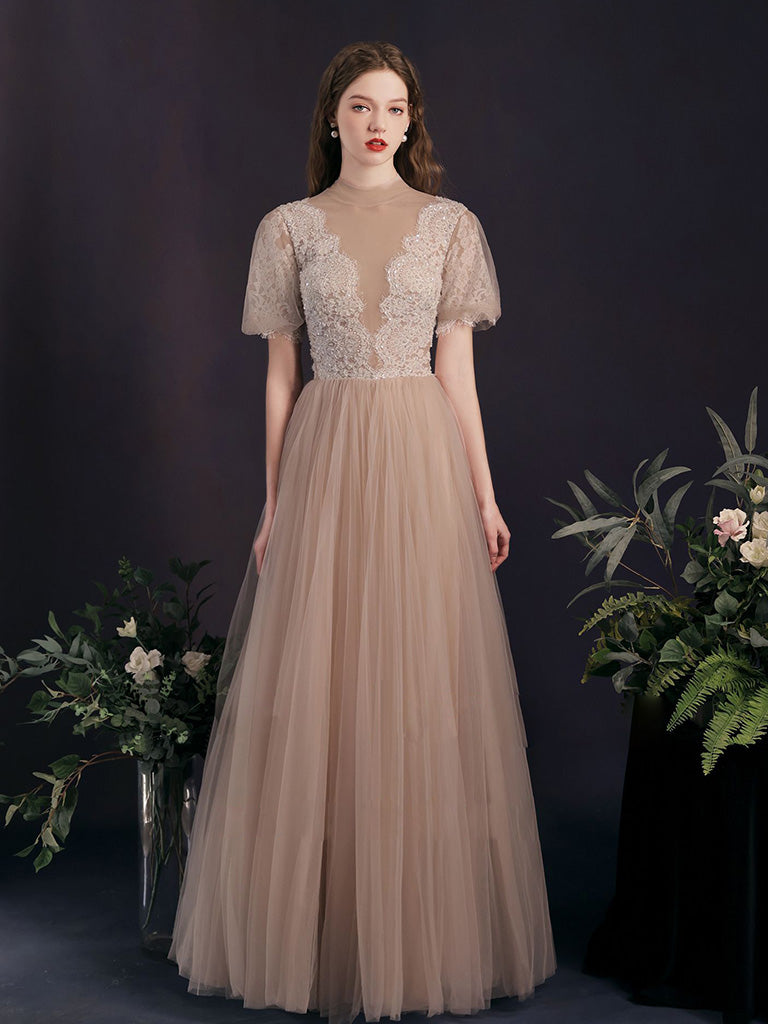 A-Line Tulle Lace Champagne Long Prom Dress, Tulle Lace Long Bridesmai dresstby A-Line Tulle Lace Champagne Long Prom Dress, Tulle Lace Long Bridesmai dresstby