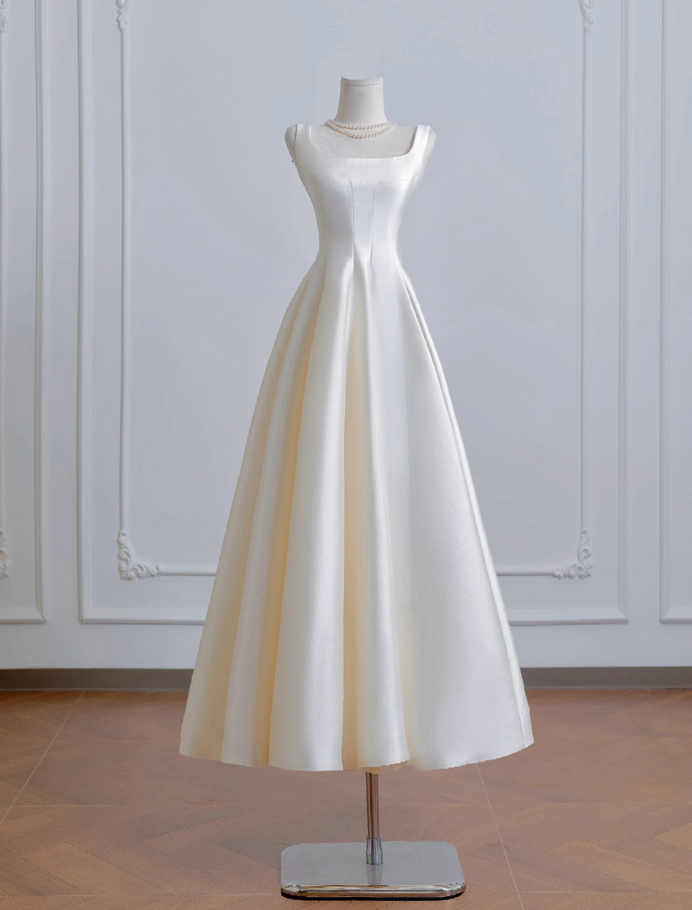 A-Line Satin Light Champagne Long Prom Dress, Light Champagne Evening Dress