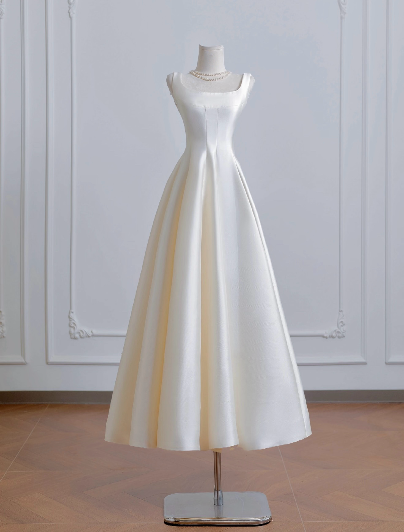 A-Line Satin Light Champagne Long Prom Dress, Light Champagne Evening Dress