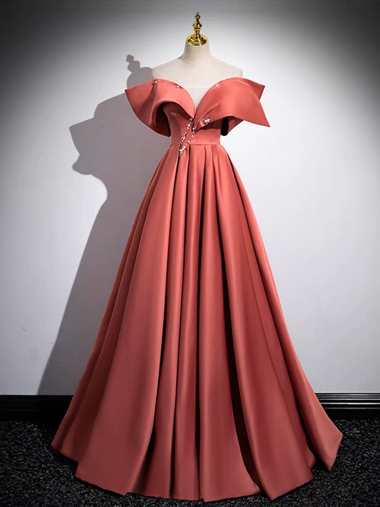 A-Line Off Shoulder Off Shoulder Satin Long Prom Dress, Watermelon Red dresstby A-Line Off Shoulder Off Shoulder Satin Long Prom Dress, Watermelon Red dresstby