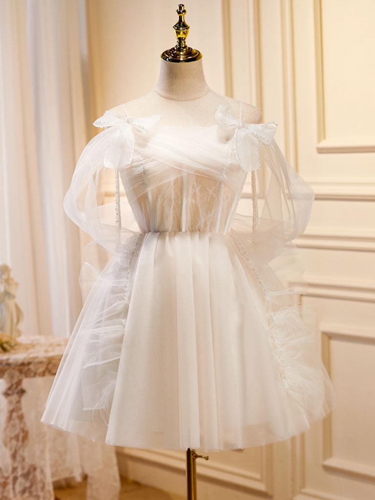 A-Line Tulle Light Champagne Short Prom Dress, Light Champagne Homecoming Dress