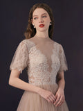A-Line Tulle Lace Champagne Long Prom Dress, Tulle Lace Long Bridesmaid Dress