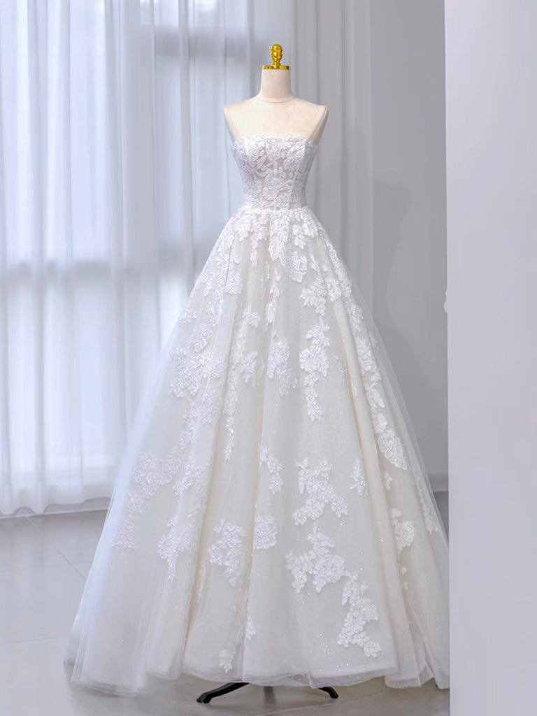 A-Line Tulle Lace ivory Long Prom Dress, ivory Long Formal Dress