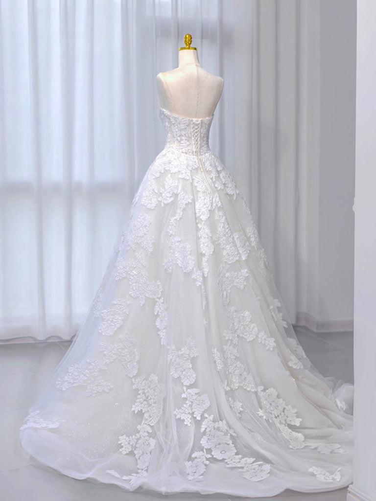 A-Line Tulle Lace ivory Long Prom Dress, ivory Long Formal Dress