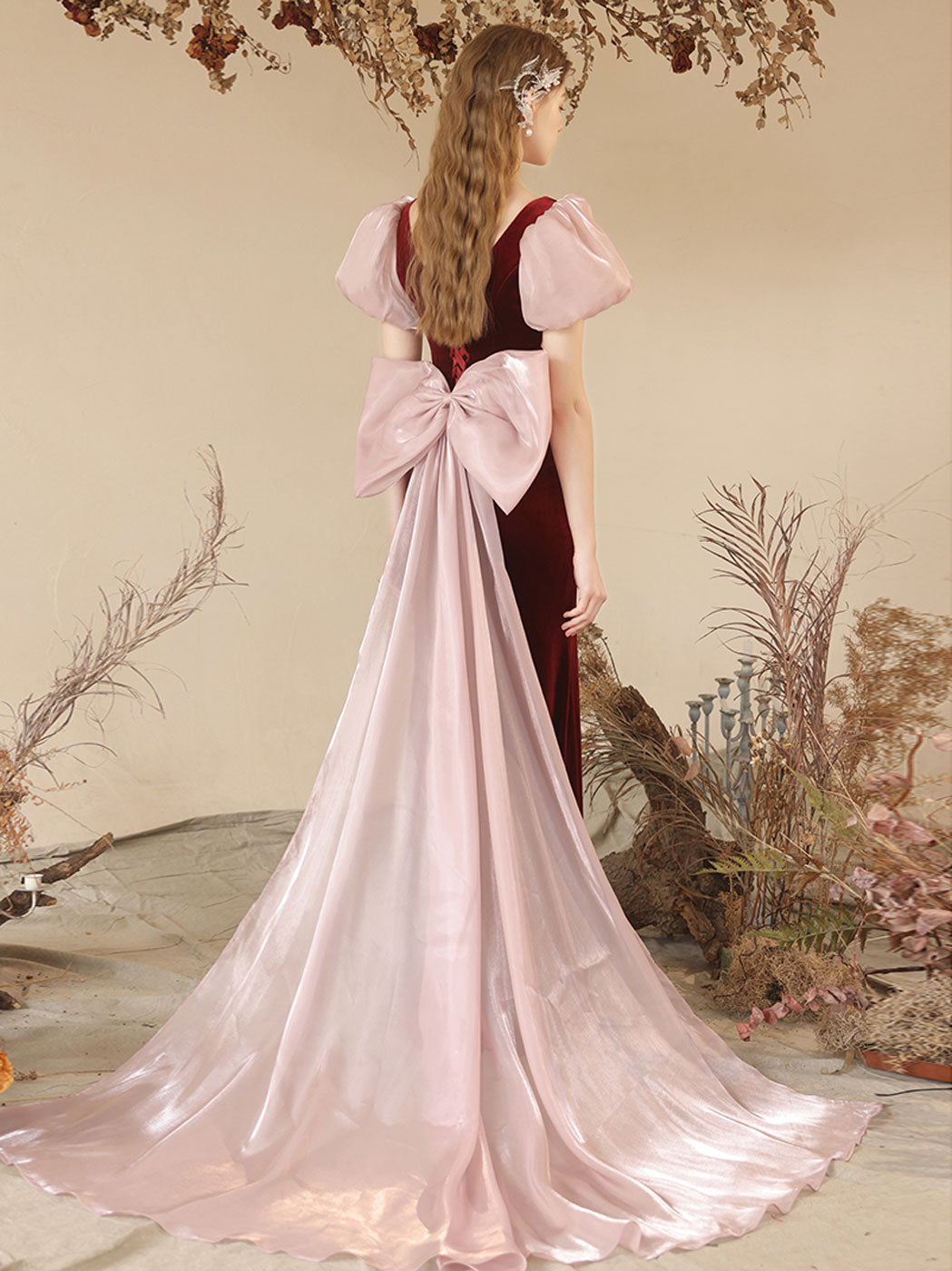Burgundy Mermaid Velvet Long Prom Dress, Burgundy Formal Dresses