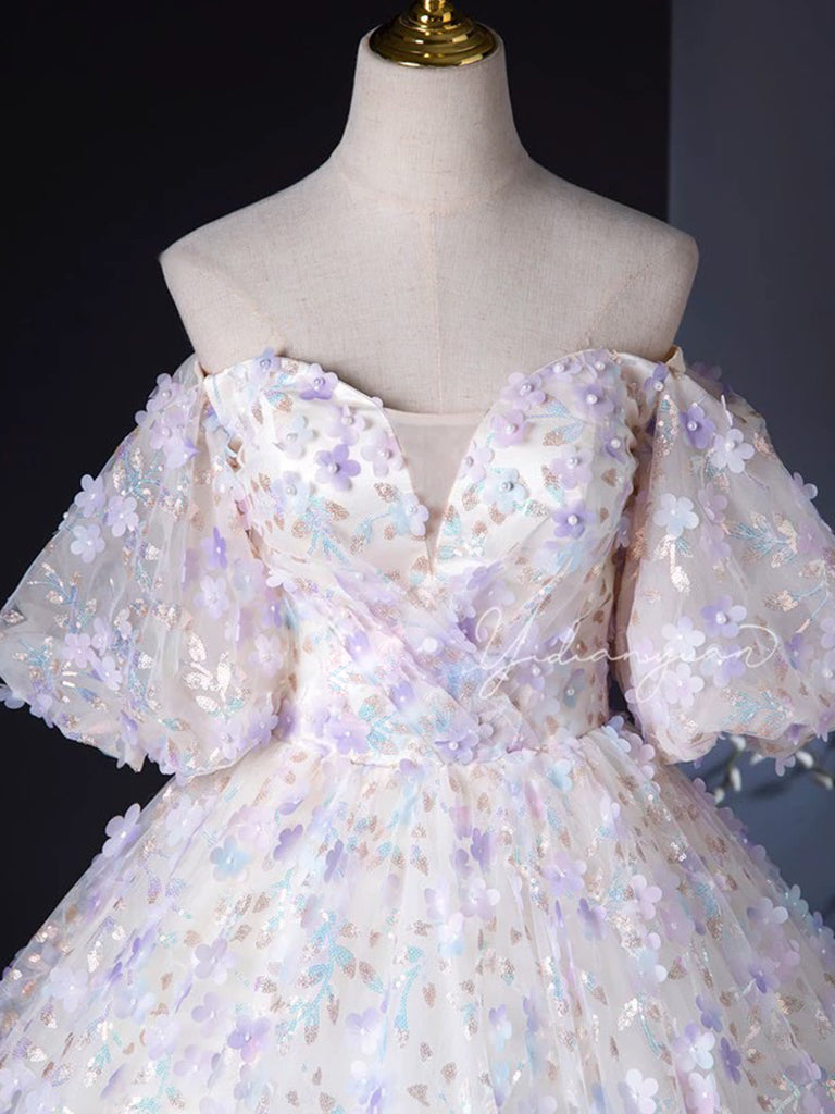 A-Line Sweetheart Neck Tulle Lace Light Purple Long Prom Dress, Purple Long Formal Dress