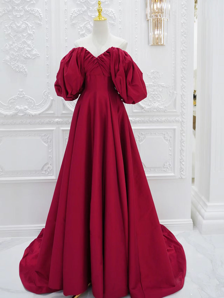 Red V Neck Satin Long Prom Dress, Red Puff Sleeves Satin Long Formal D dresstby Red V Neck Satin Long Prom Dress, Red Puff Sleeves Satin Long Formal D dresstby