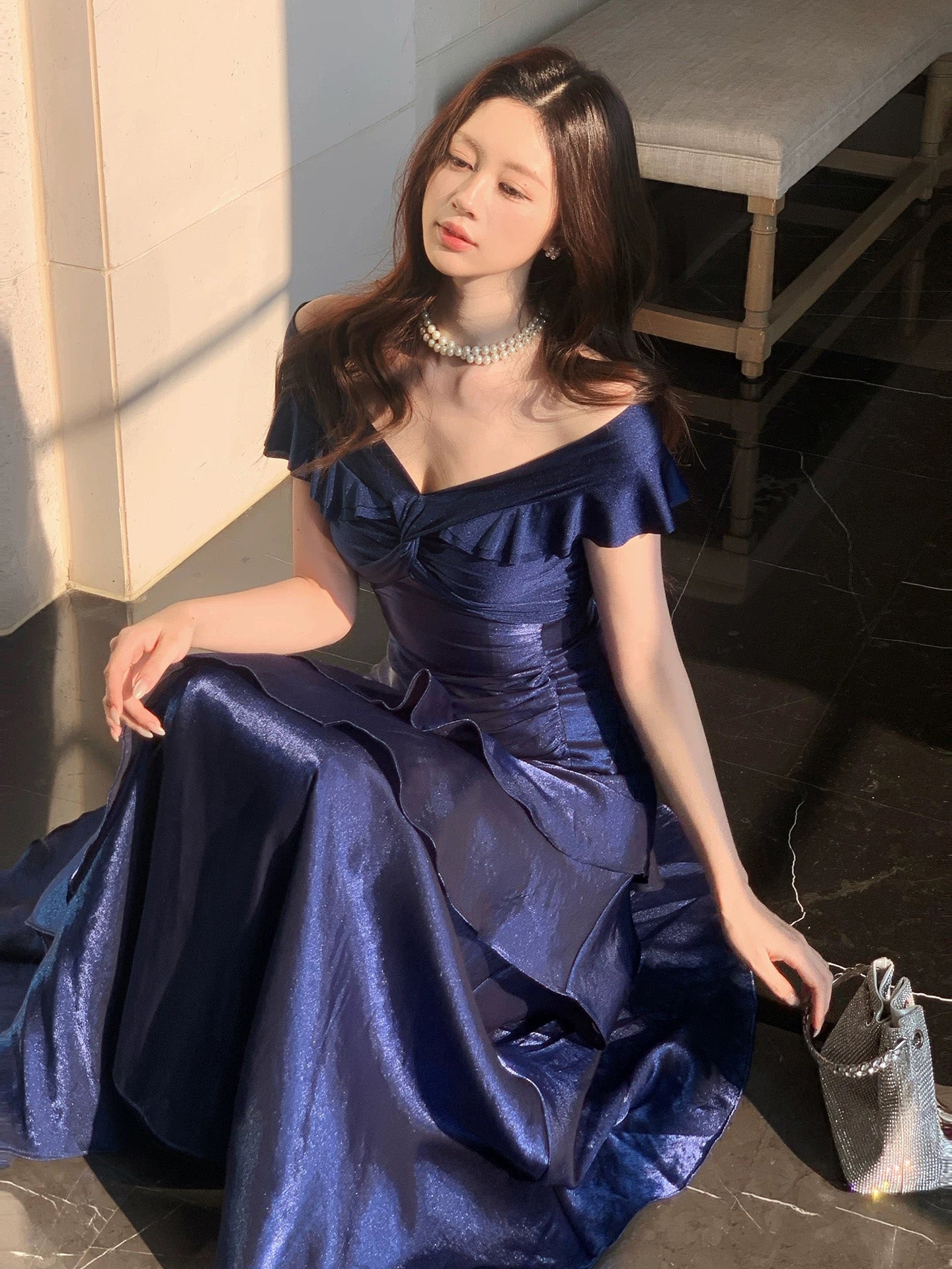 A-line Off Shoulder Off Shoulder Floor Length Dark Blue Prom Dress
